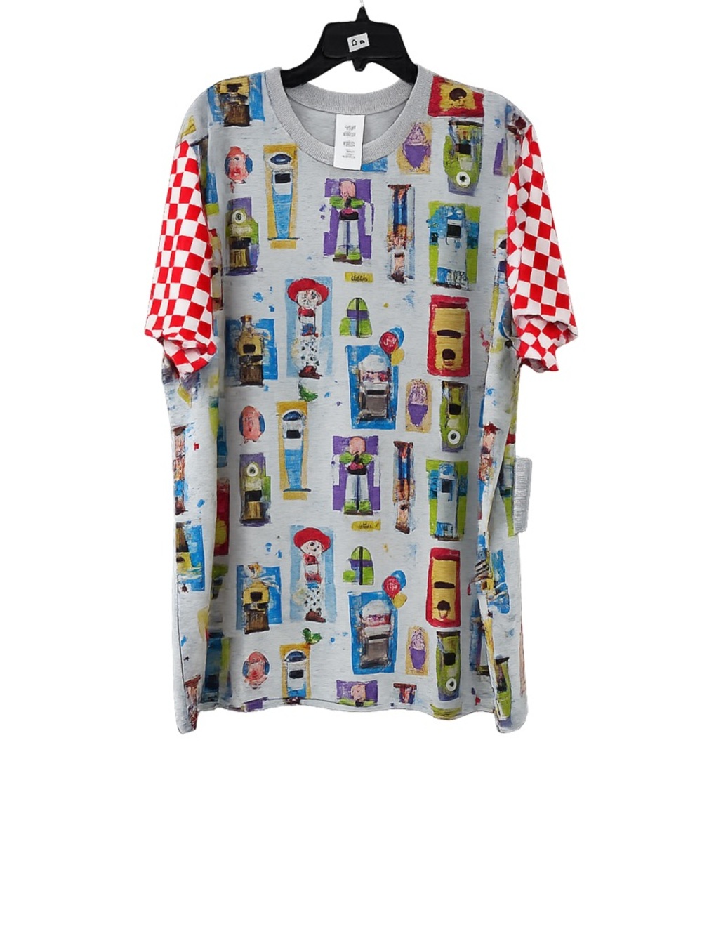 Disney Multicolor Character Print Tee with Red Checkered Sleeves